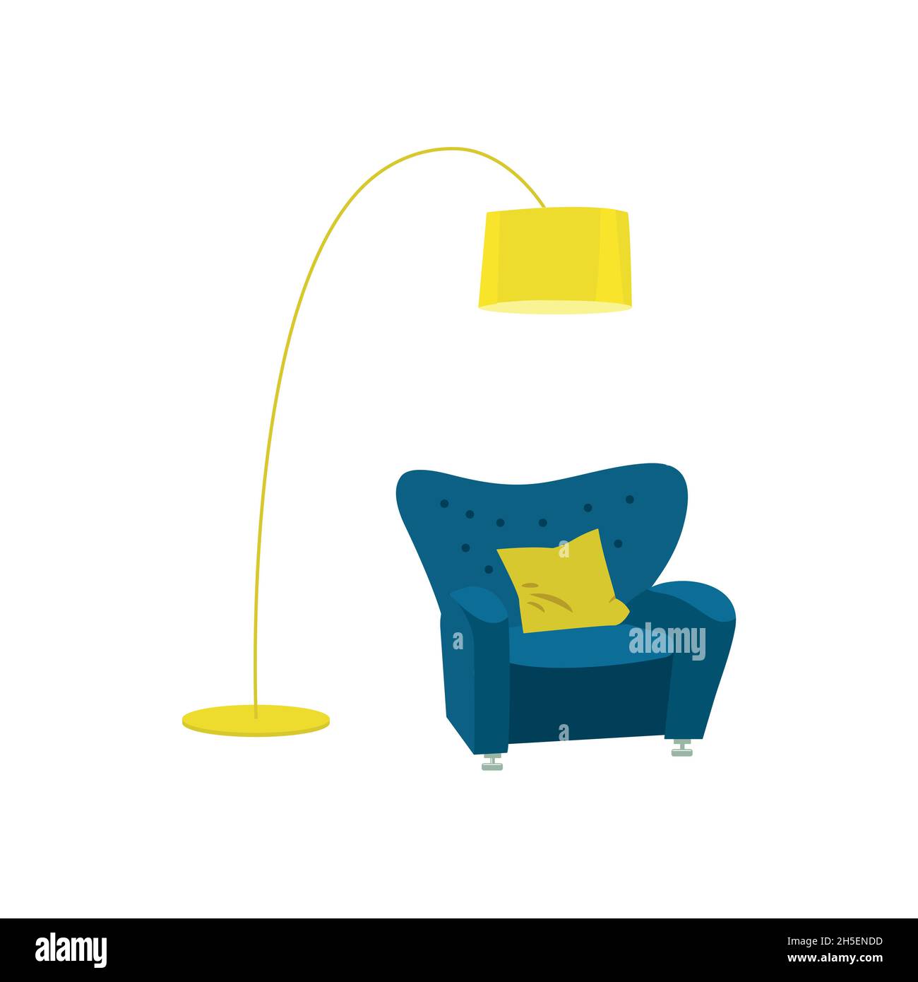 Soft blue armchair and yellow floor lamp for loft-style creative office or cozy apartment. Element of fashionable furniture for interior of recreation Stock Vector