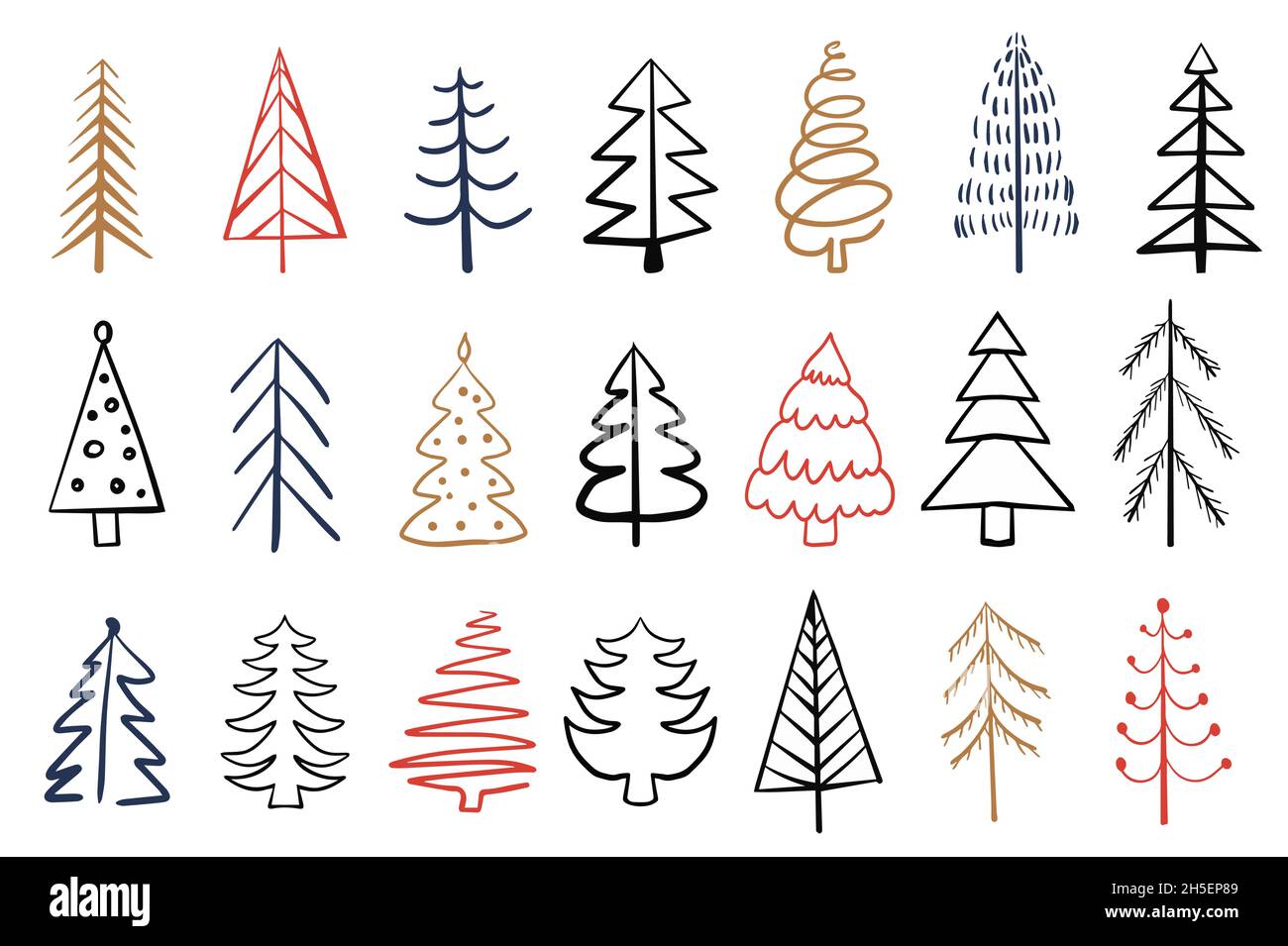 Christmas trees hand drawn set for Holidays cards and background. Abstract doodle drawing woods. Vector illustration Stock Vector
