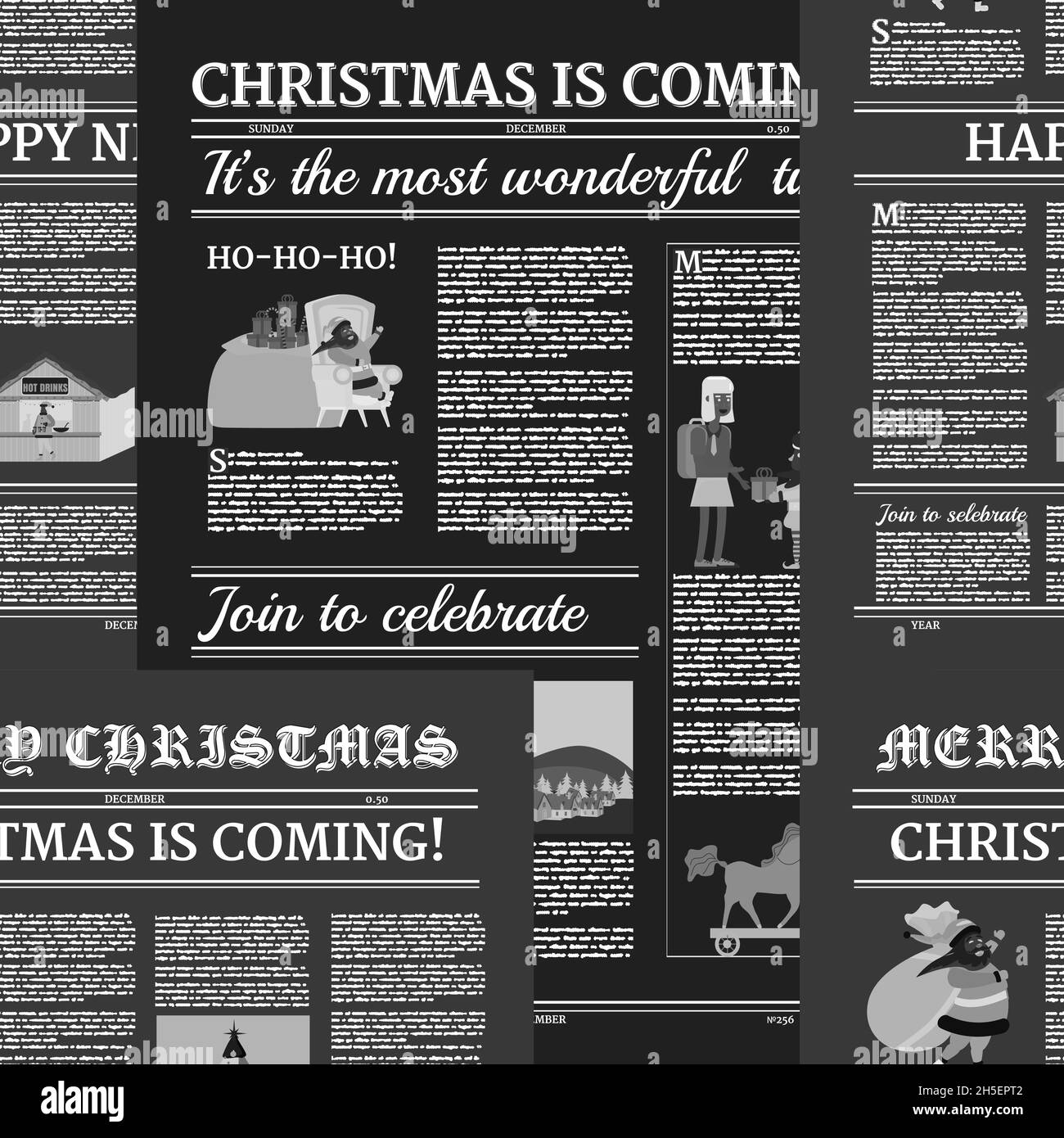 Christmas Newspaper Seamless Pattern Black Background Old Paper Retro Style Vector Illustration Decoration Design Stock Vector Image Art Alamy