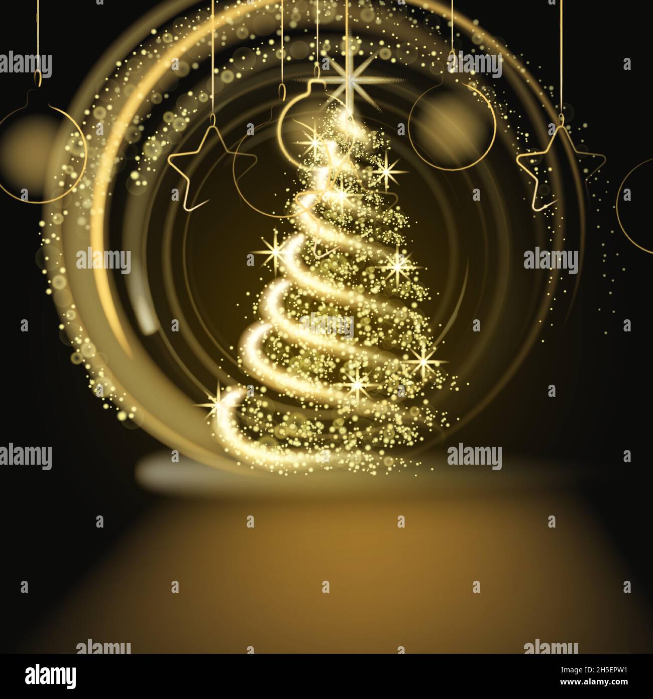 Christmas tree gold lights dust decoration, golden blurred magic glow ...
