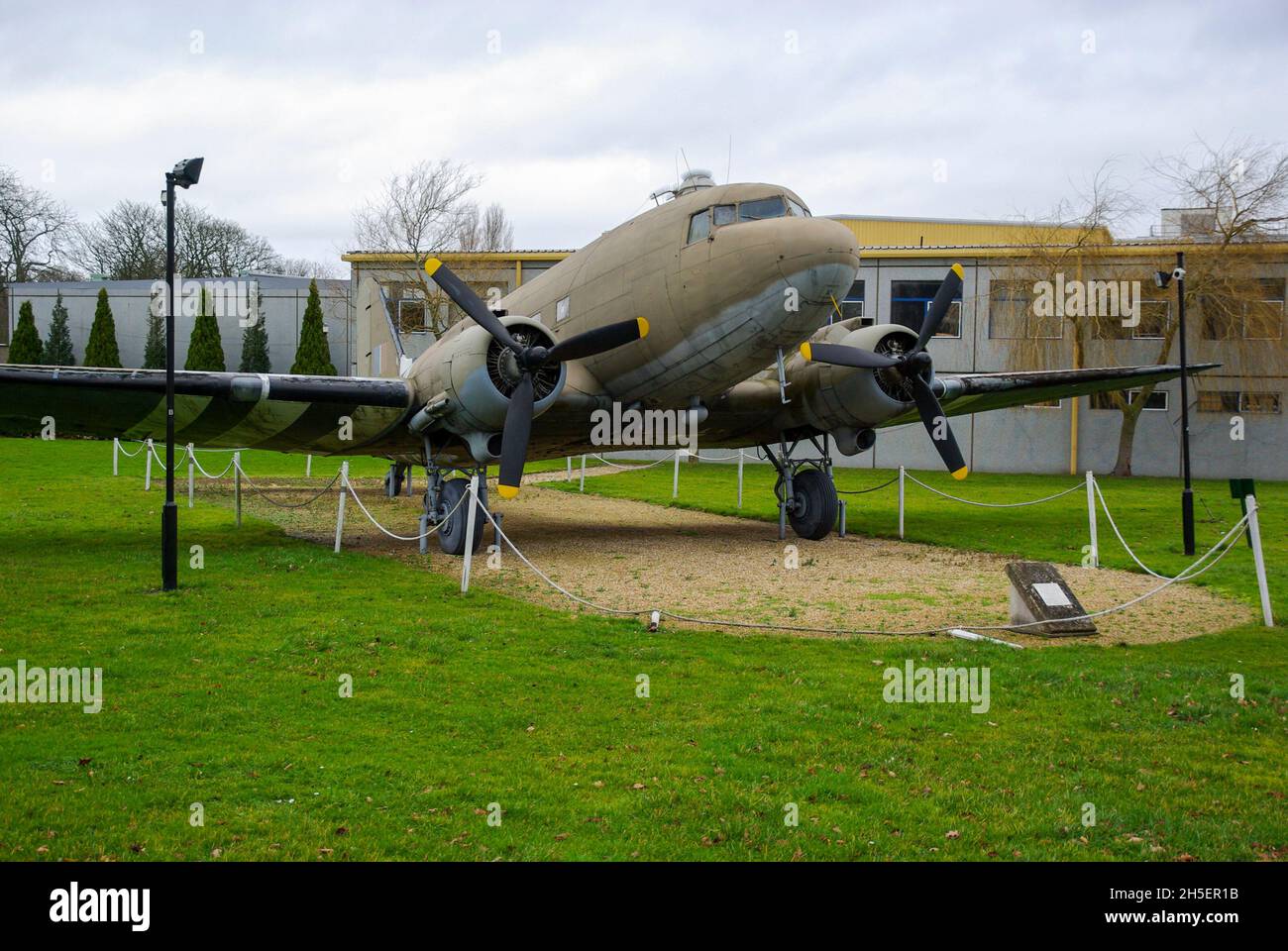 Douglas C-47 Dakota KP208 aircraft plane outside Parachute Regiment and Airborne Forces Museum, Browning Barracks, Aldershot, UK. External display Stock Photo