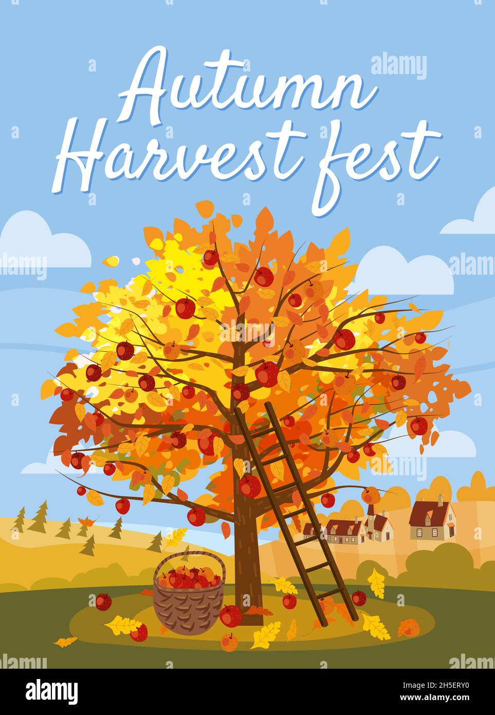 Autumn Harvest Fest. Apple tree with basket of apples, ladder, rural ...