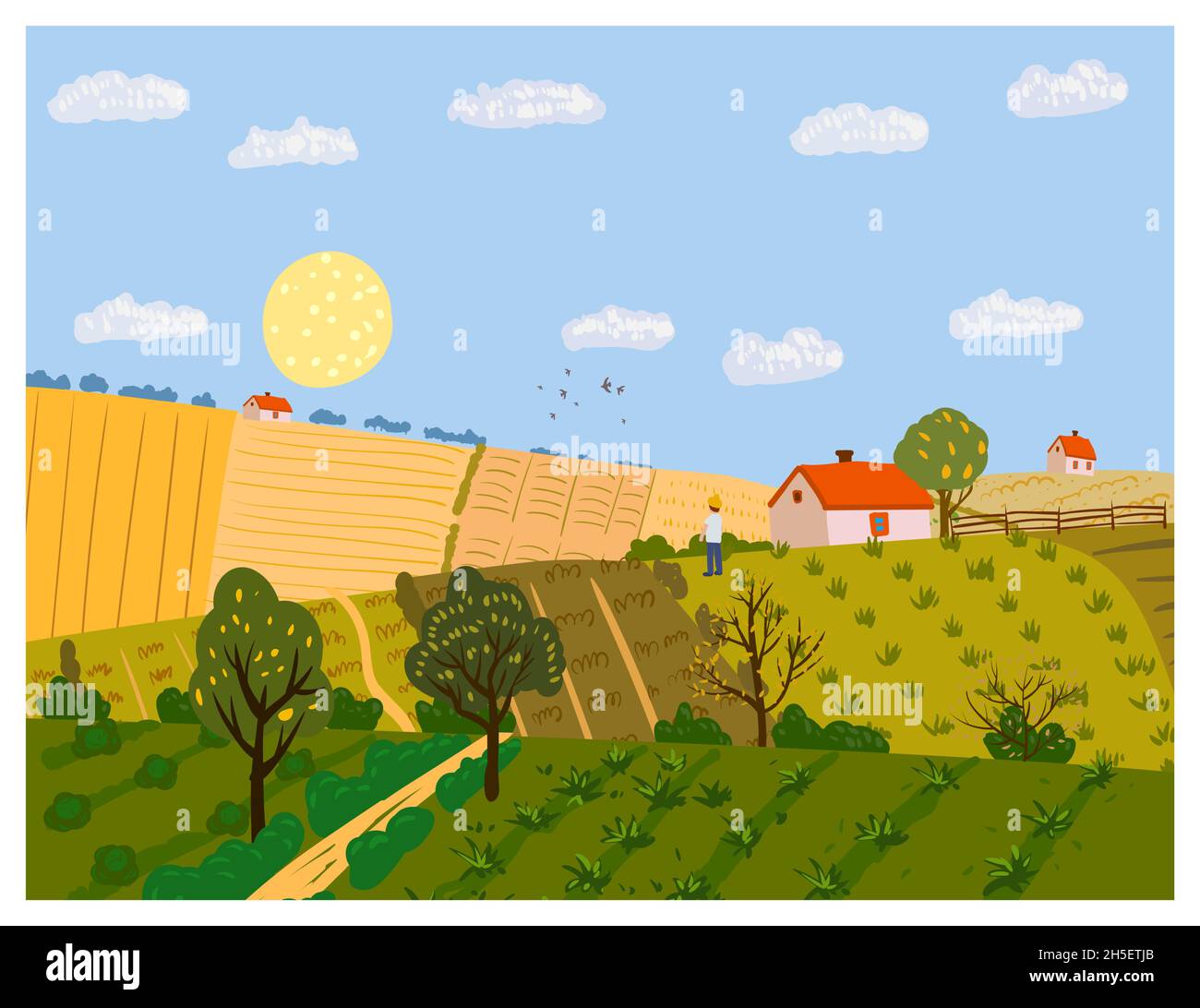 Autumn Rural landscape fields farm on the hill, horizon. Fall seasone ...