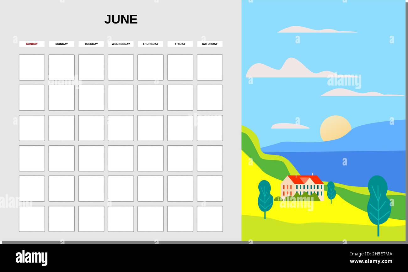 Calendar Planner June month. Minimalistic landscape natural backgrounds
