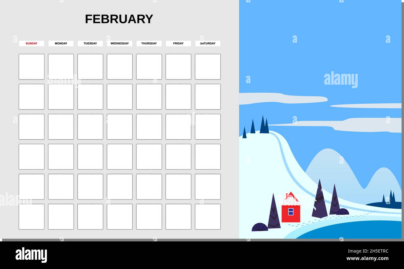 Calendar Planner February month. Minimalistic landscape natural ...