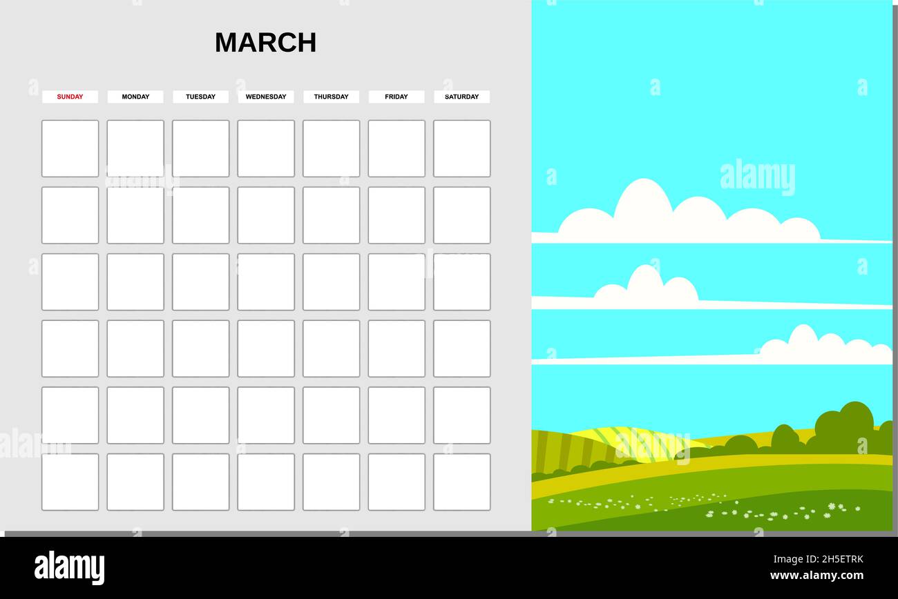 Calendar Planner March month. Minimalistic landscape natural ...