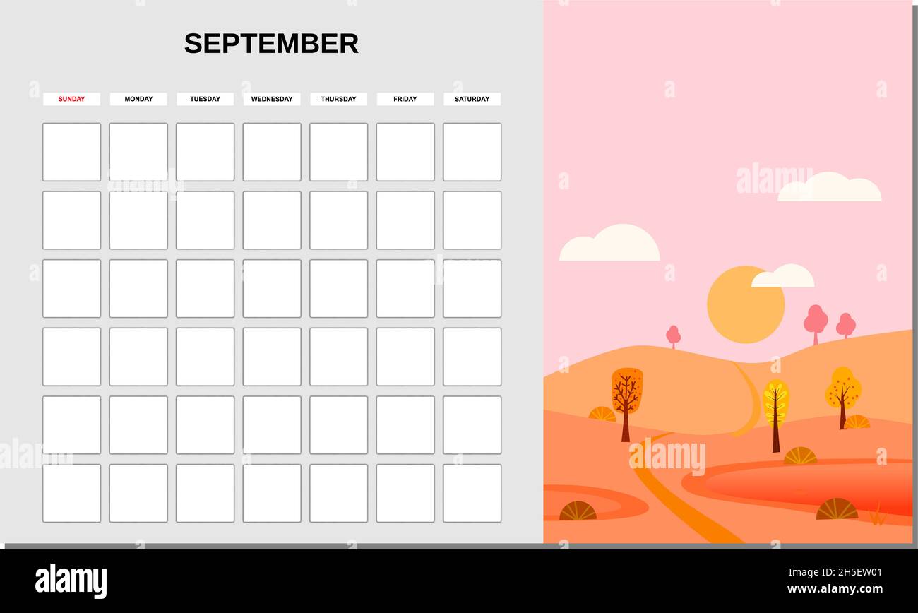 Calendar Planner September month. Minimalistic landscape natural ...