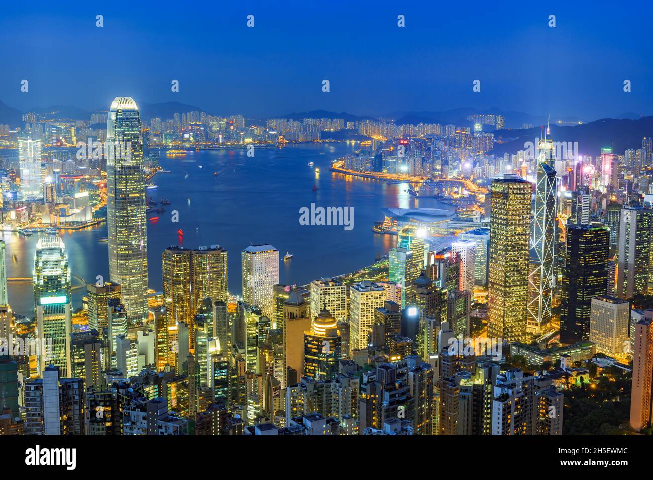 Aerial view of Hong Kong, China modern skyline of skyscrapers with blue ...