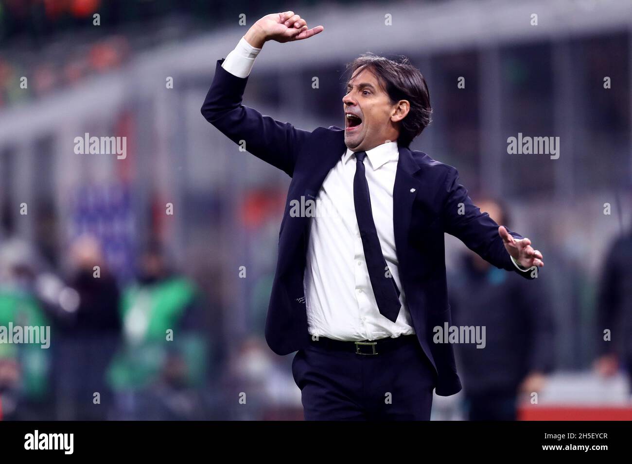 Simone Inzaghi, head coach of Fc Internazionale  gestures during the Serie A match between Ac Milan and Fc Internazionale. Stock Photo