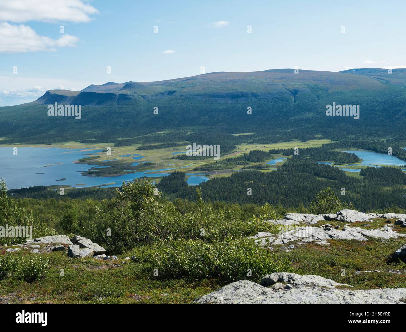View on meandering Rapadalen river delta to Lajtavrre lake, valley in Sarek national park, Sweden Lapland. Nordic wild landscape with mountains, hill Stock Photo