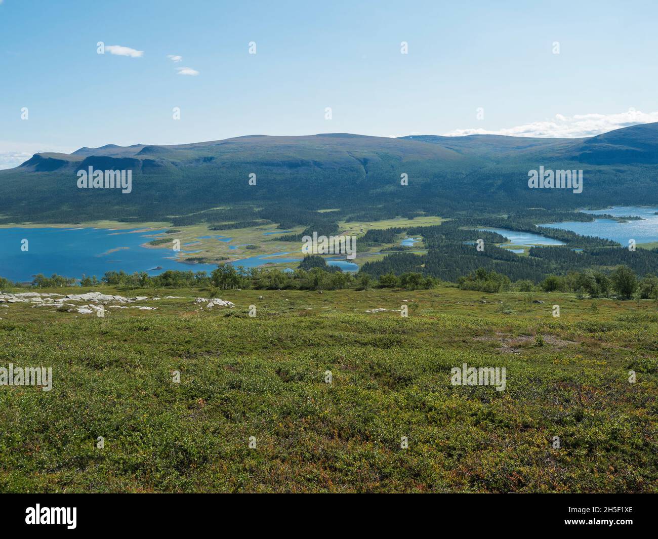 View on meandering Rapadalen river delta to Lajtavrre lake, valley in Sarek national park, Sweden Lapland. Nordic wild landscape with mountains, hill Stock Photo