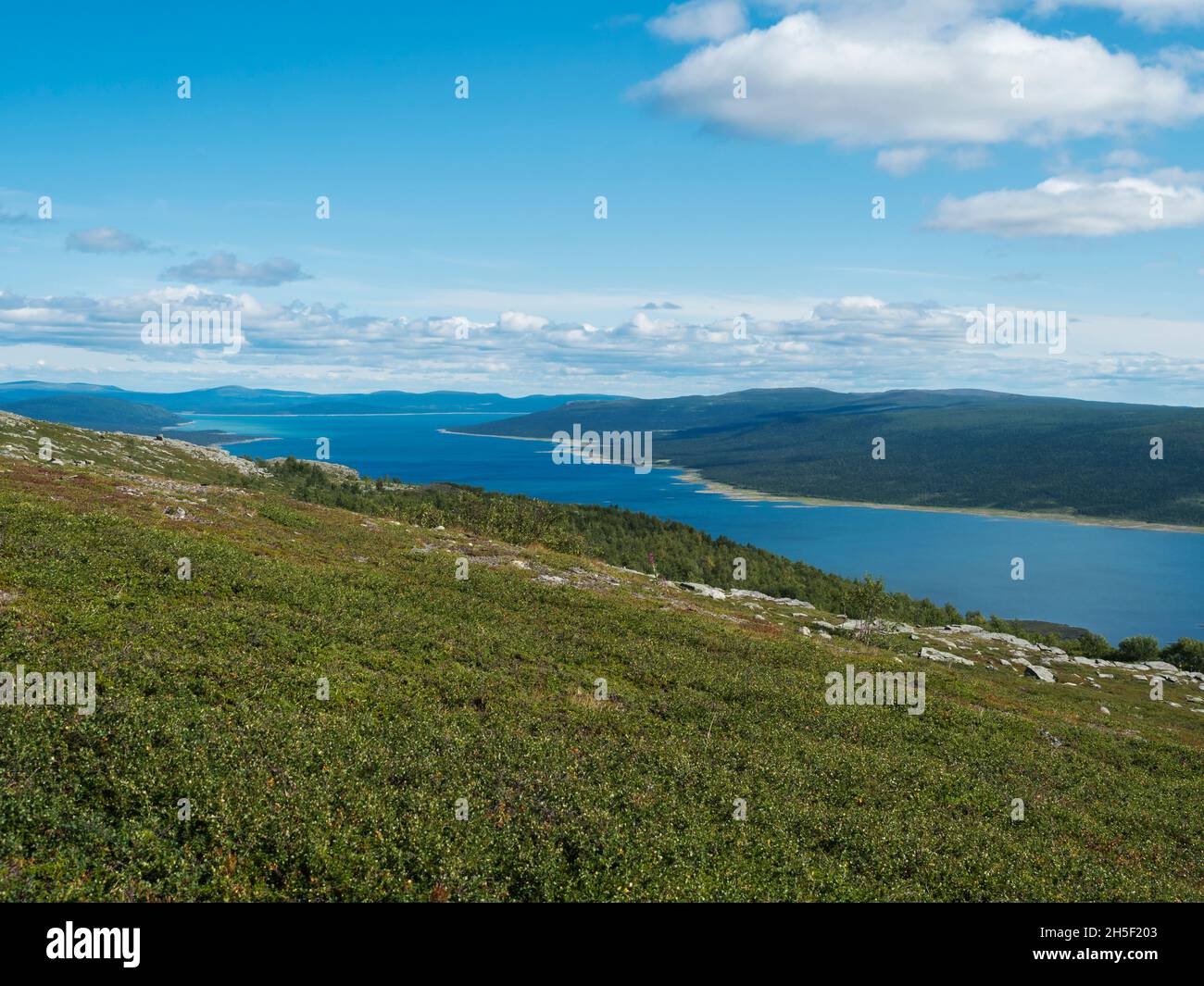 View on Tjaktjajaure lake, valley from Kungsleden hiking trail in Sarek national park, Sweden Lapland. Nordic wild landscape with mountains, hill Stock Photo