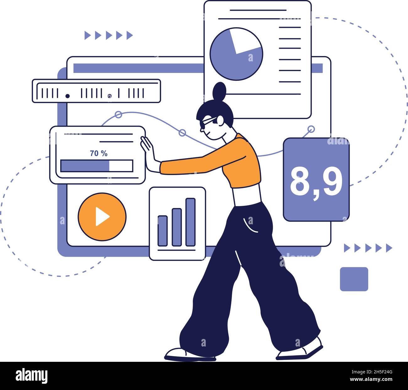 Woman working with statistic charts. Data analysis concept Stock Vector