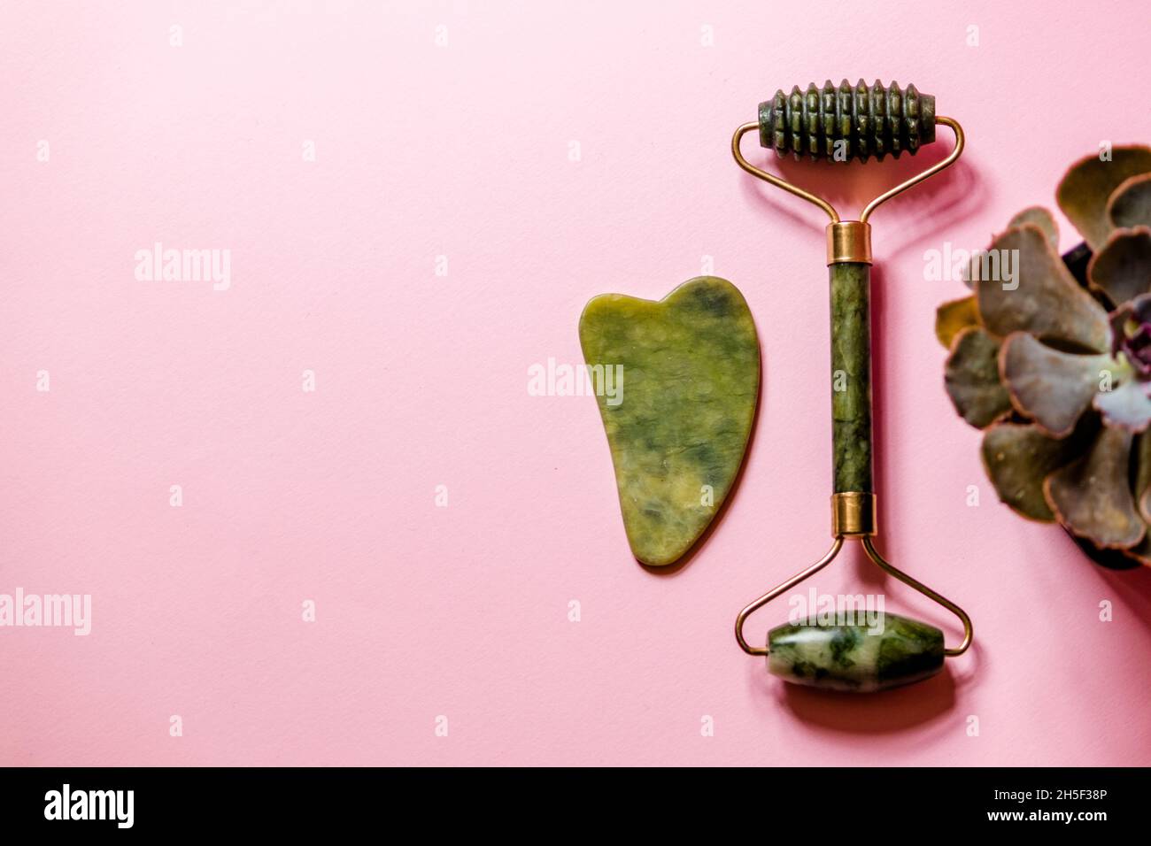 Jade face massagers on a pink background next to a succulent.  Stock Photo