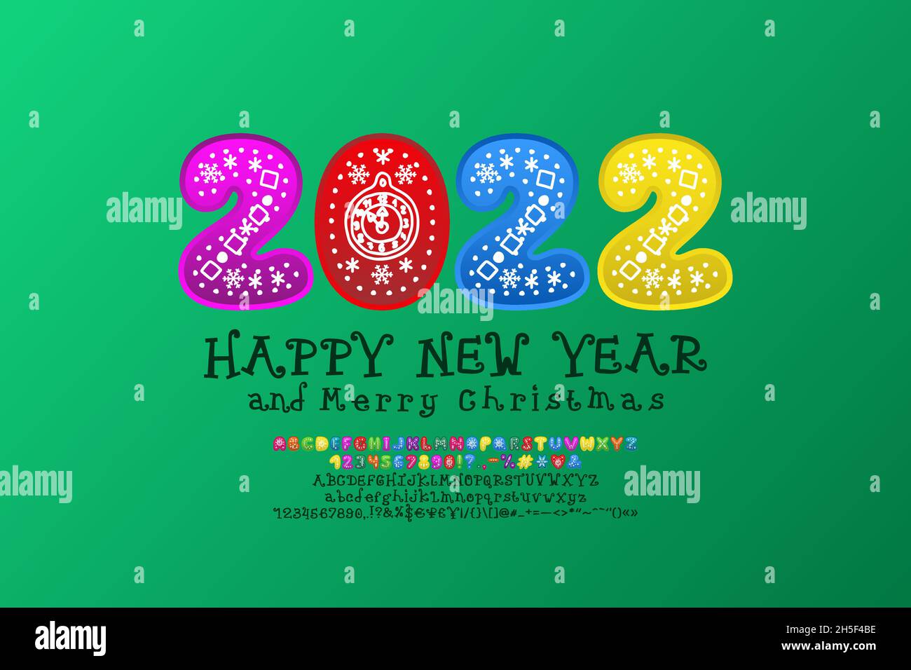 Decorative greeting card Happy New Year and Merry Christmas. Bright numbers and funny letters curly style. Holiday alphabets collections. Stock Vector