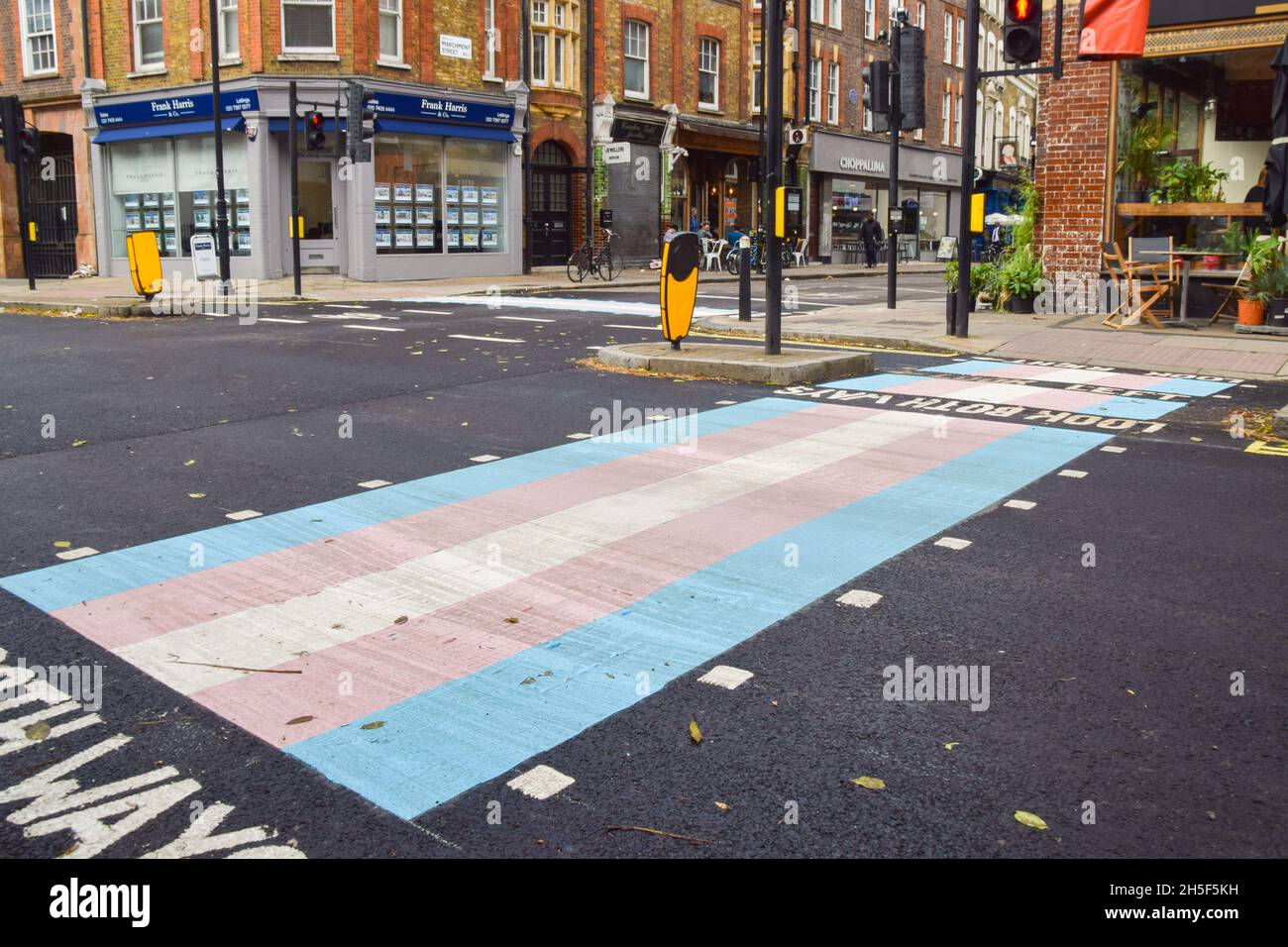 London, UK. 09th Nov, 2021. A pedestrian crossing with trans flag colours is seen in Bloomsbury.Four new crossings with trans flag colours have been unveiled on Marchmont Street and Tavistock Place, in support of the trans community. (Photo by Vuk Valcic/SOPA Images/Sipa USA) Credit: Sipa USA/Alamy Live News Stock Photo