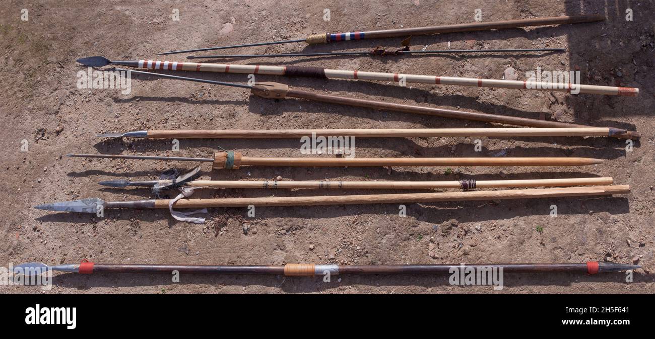Different type of spears and javelins from ancient times. Replicas of