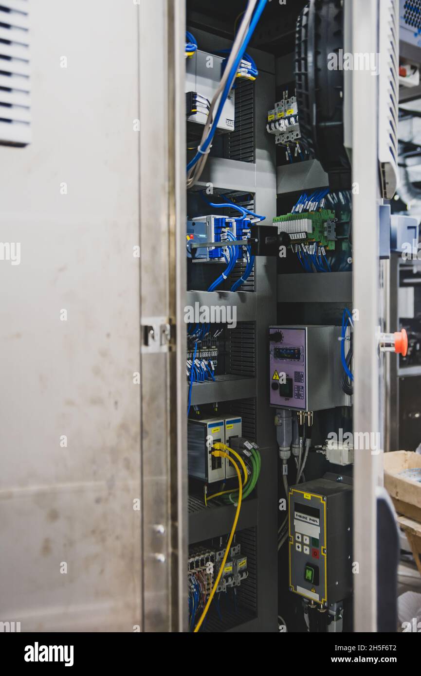 Electrical distribution board with fuses and electronics Stock Photo