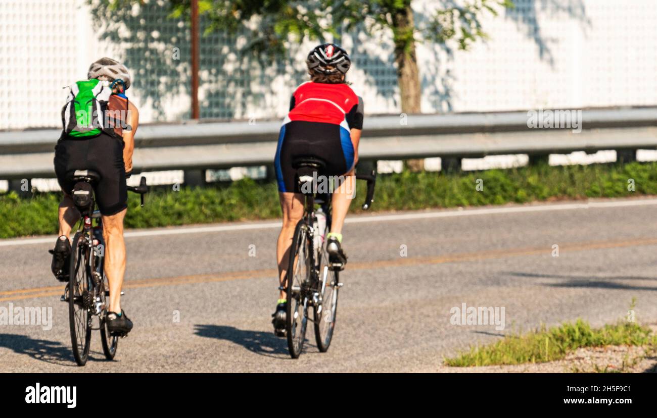 Rear view of a male and a female riding their road bikes on a road ...