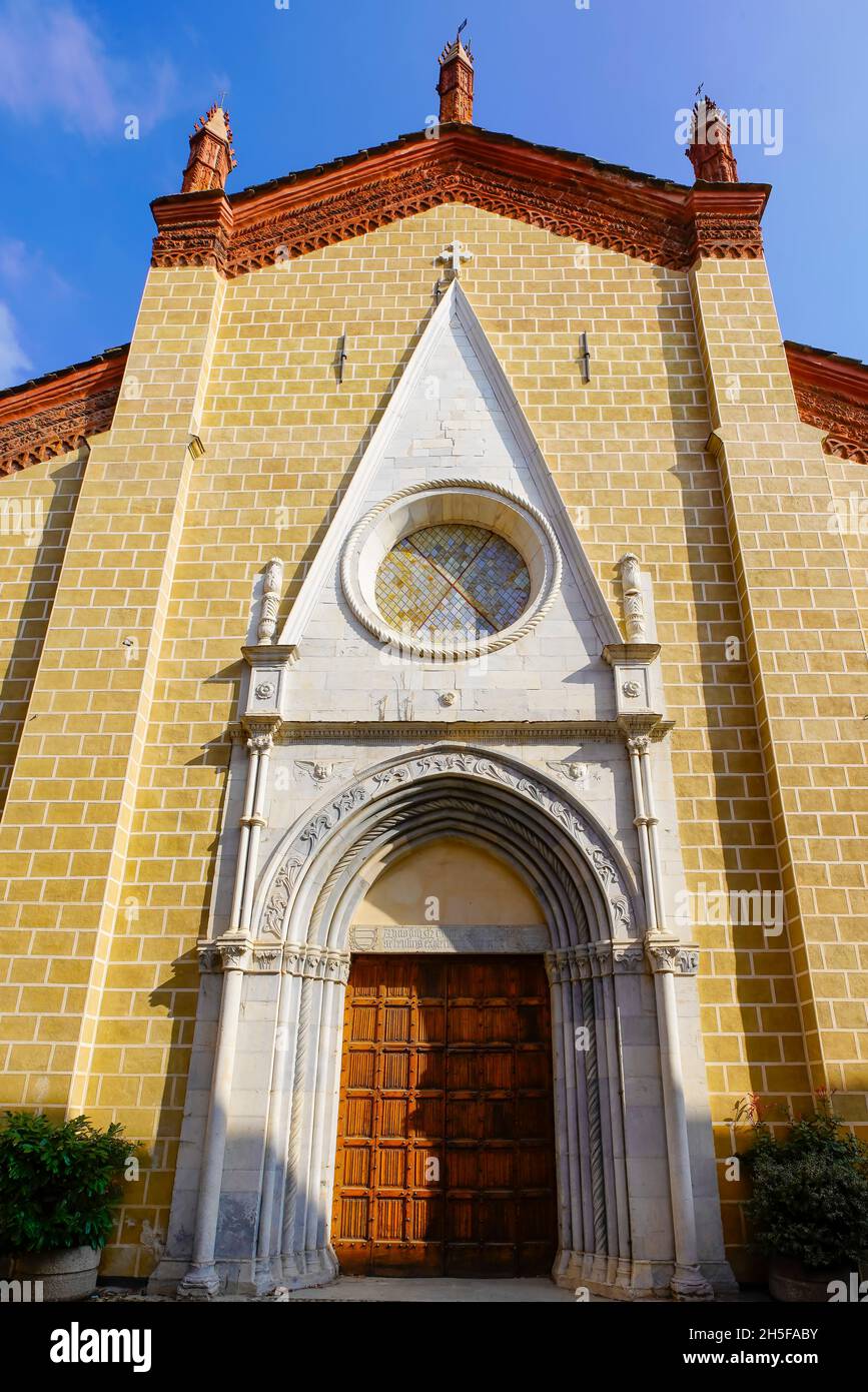 West facede of St Francis church by  Via Santa Maria, in Cuneo, is a precious architectural testimony of the medieval city, The Capital city of Cuneo Stock Photo