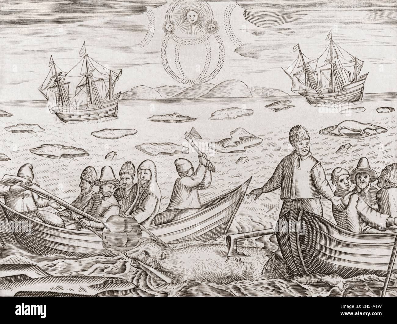 Mariners hunting polar bears in the Arctic ocean in the early 17th century.  From a 17th century work by an unidentified artist. Stock Photo
