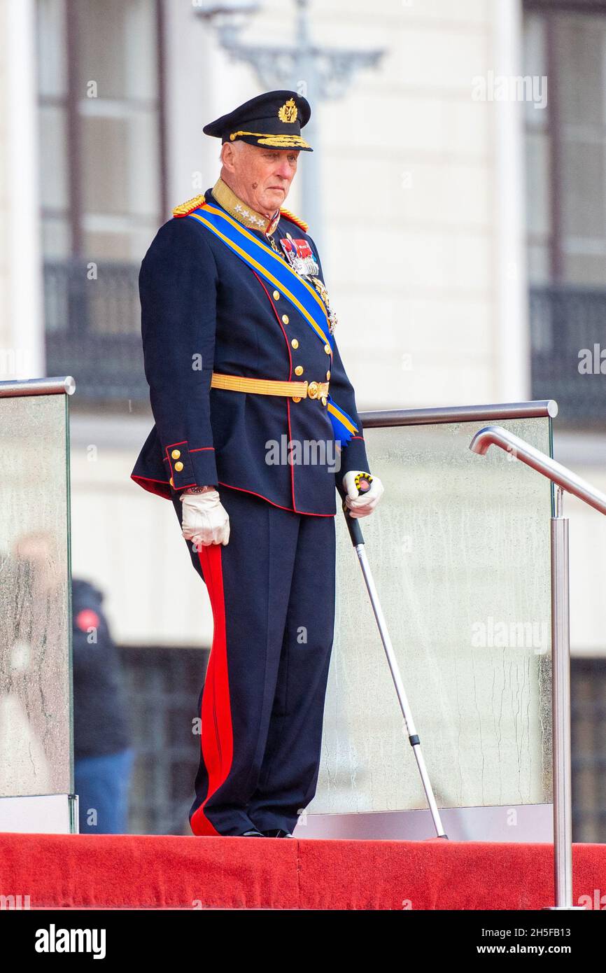 Oslo, Norway, 09/11/2021, King Harald V of Norway during the Welcome  Ceremony at The Royal Palace, Oslo, on the first of the 3 day state visit  of the Dutch Royals to Norway. (