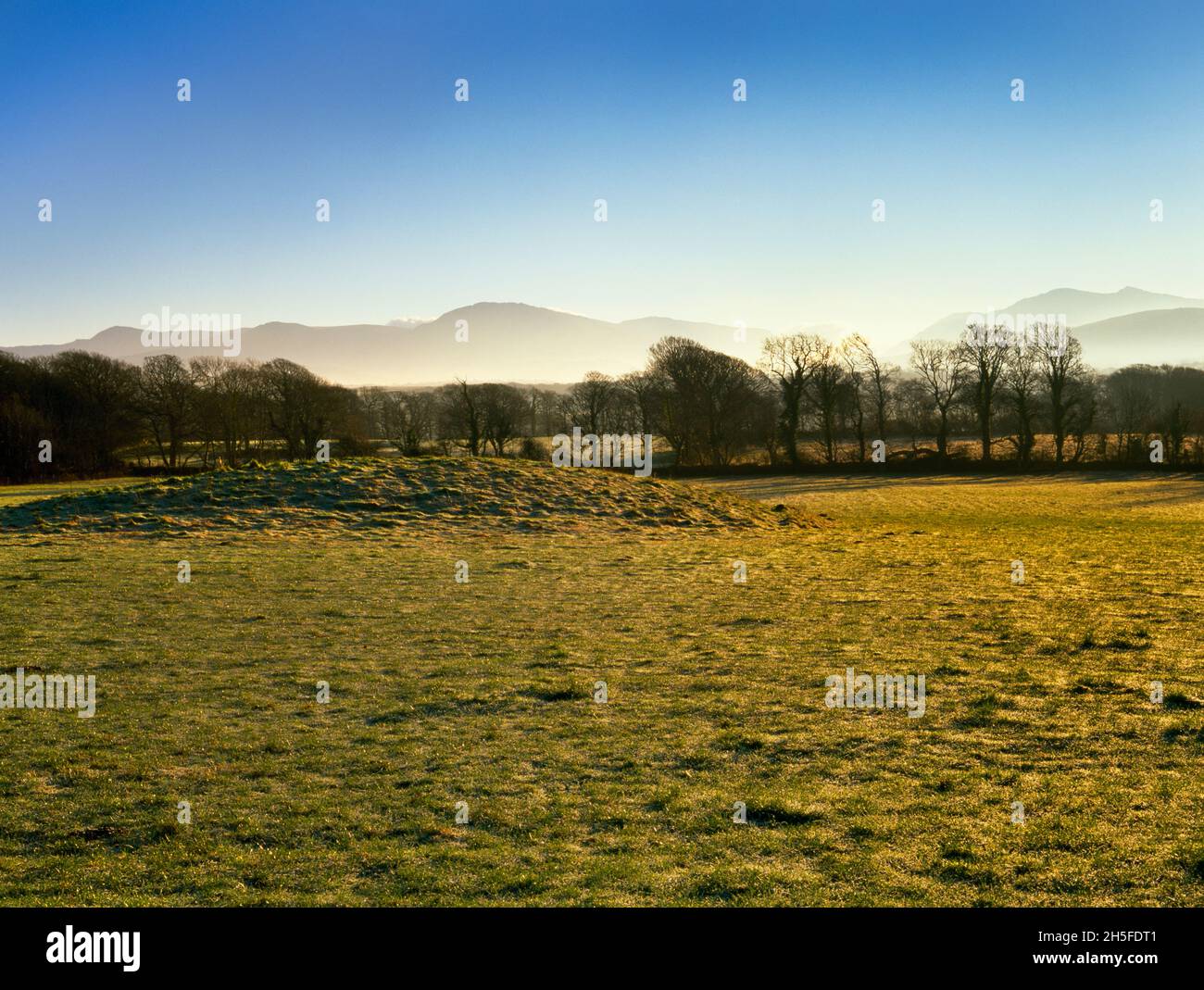 View ESE of a Late Neolithic or Bronze Age round barrow E of Carn (Garn) farmhouse & ESE of Brynsiencyn, Anglesey, Wales, UK. An oval mound 30m N-S. Stock Photo