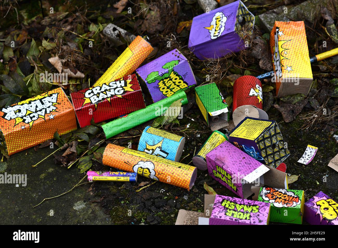 Litter from fireworks littering the streets of Bolton, Lancashire, Britain, Uk Stock Photo