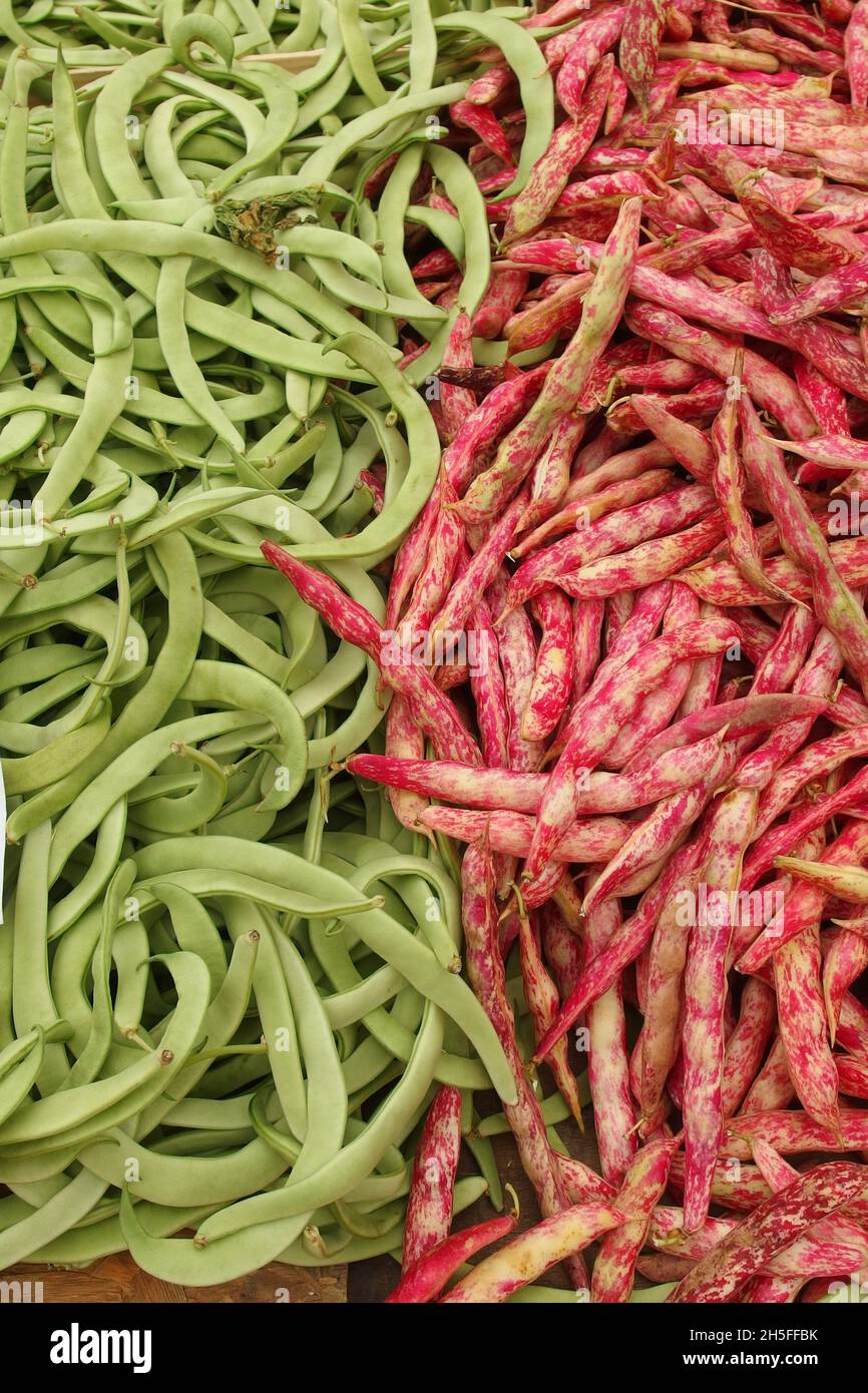 Red an green beans at a market in Albufeira. Stock Photo