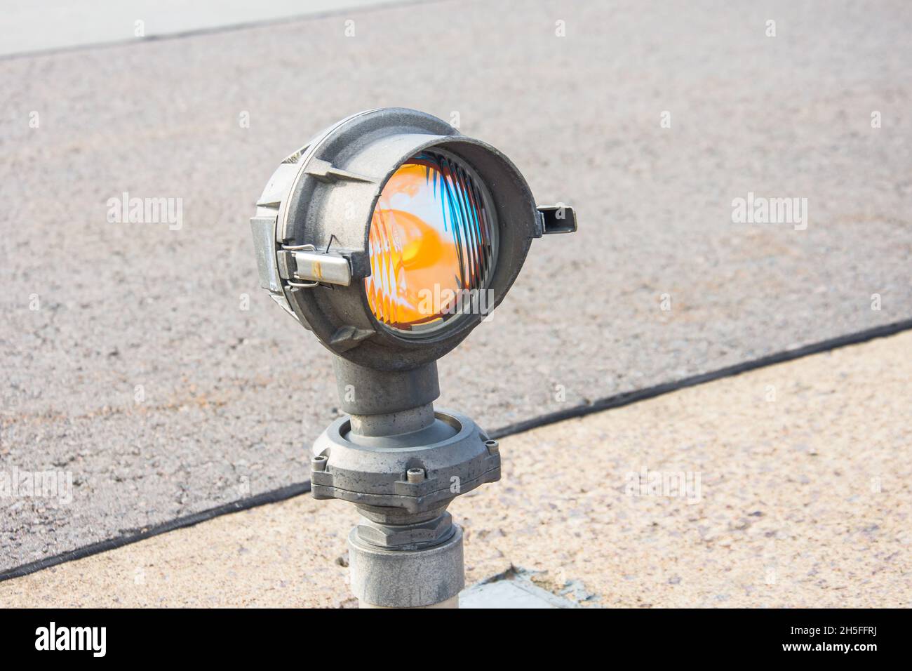 Signal lights on the runway at the airport close up Stock Photo