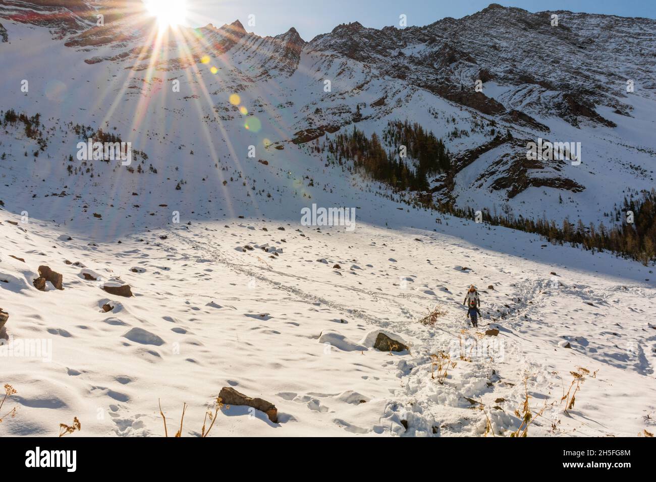 Woman hiking in snowy mountains hi-res stock photography and images - Alamy