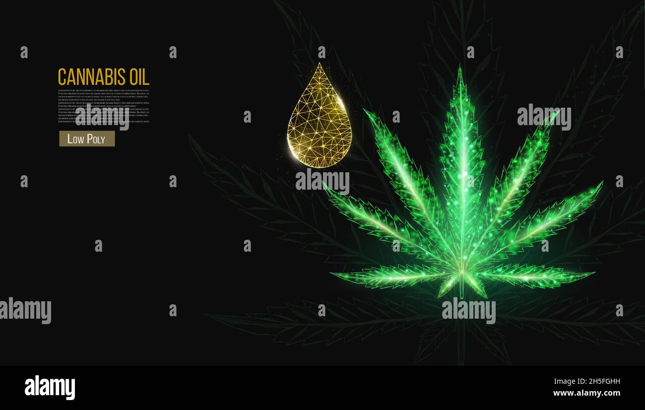 Cannabis oil concept. Low poly hemp and oil drop on black background. Stock Vector