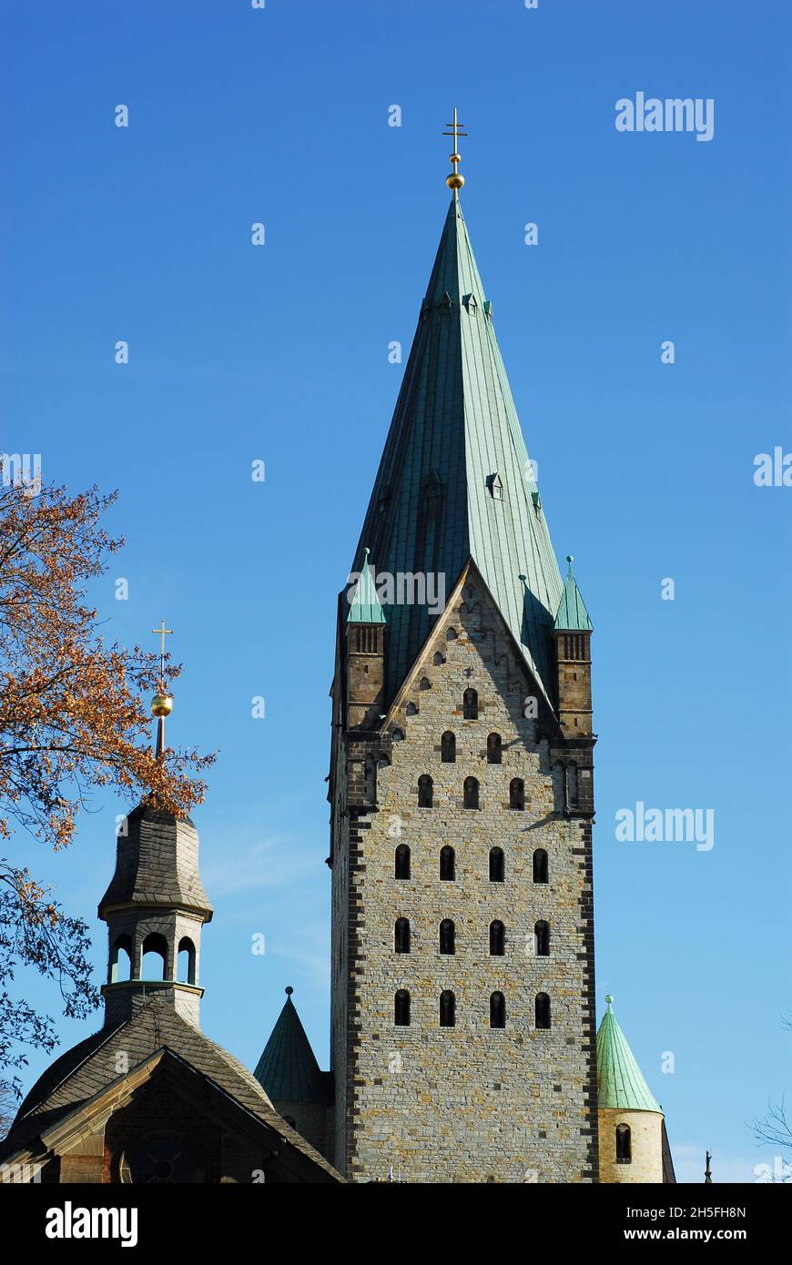 autumn atmosphere in connection with the church towers of Paderborn Cathedral Stock Photo