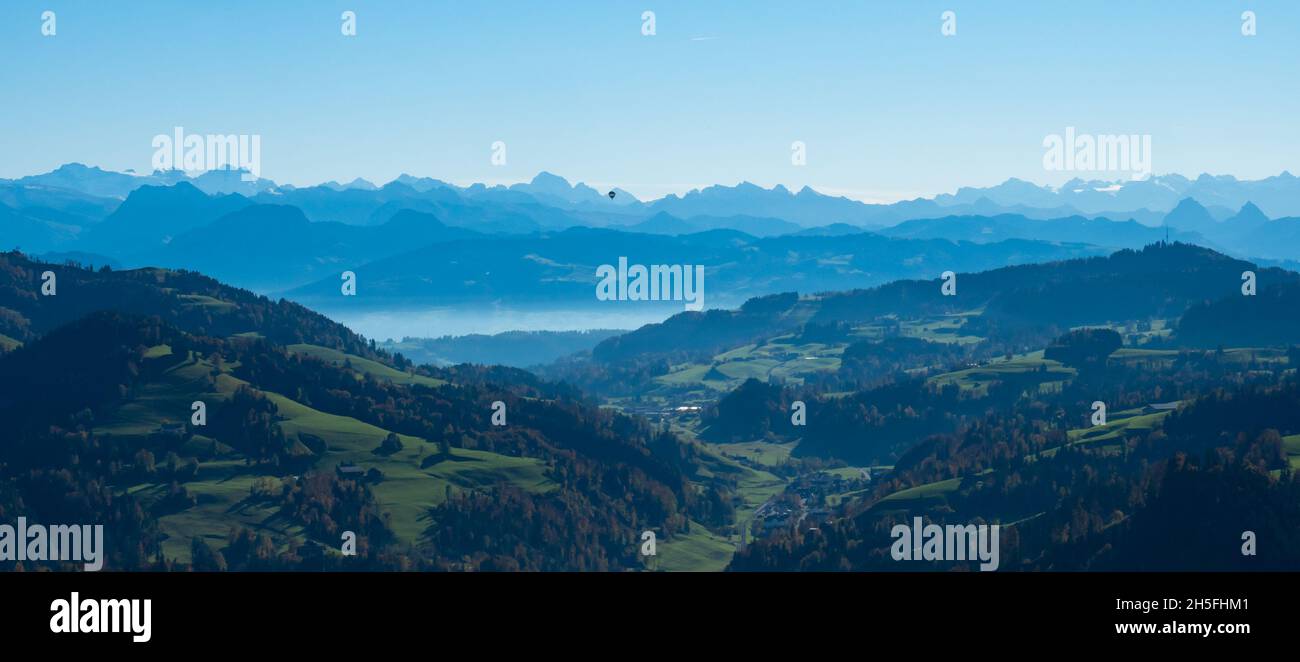 Panoramic view from the top of Hoernli in Cantone Zurich on a sunny autumn afternoon Stock Photo