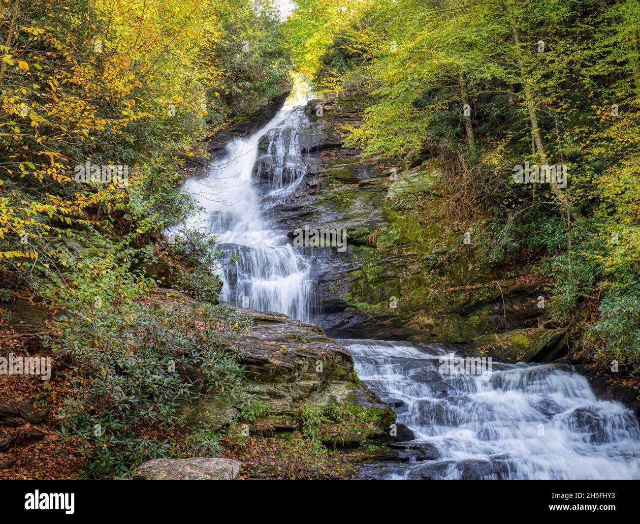 Fall color around Mud Creek Falls in Sky Valley in Rabun County Georgia  USA Stock Photo