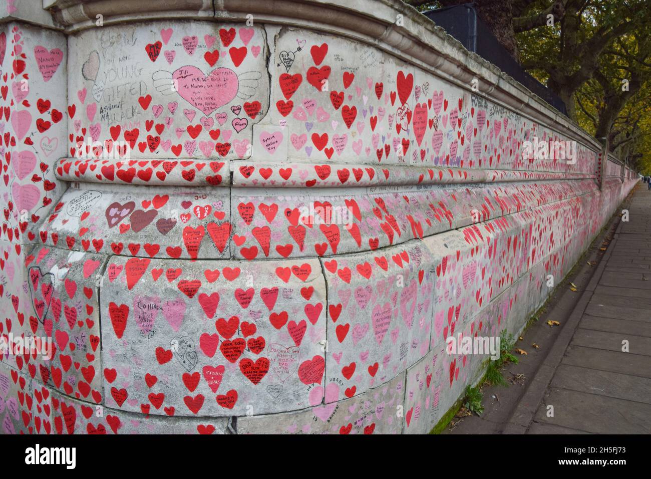London, UK. 9th November 2021. The National Covid Memorial Wall outside St Thomas' Hospital. Over 150,000 red hearts have been painted by volunteers and members of the public, one for each life lost to Covid in the UK to date. Stock Photo