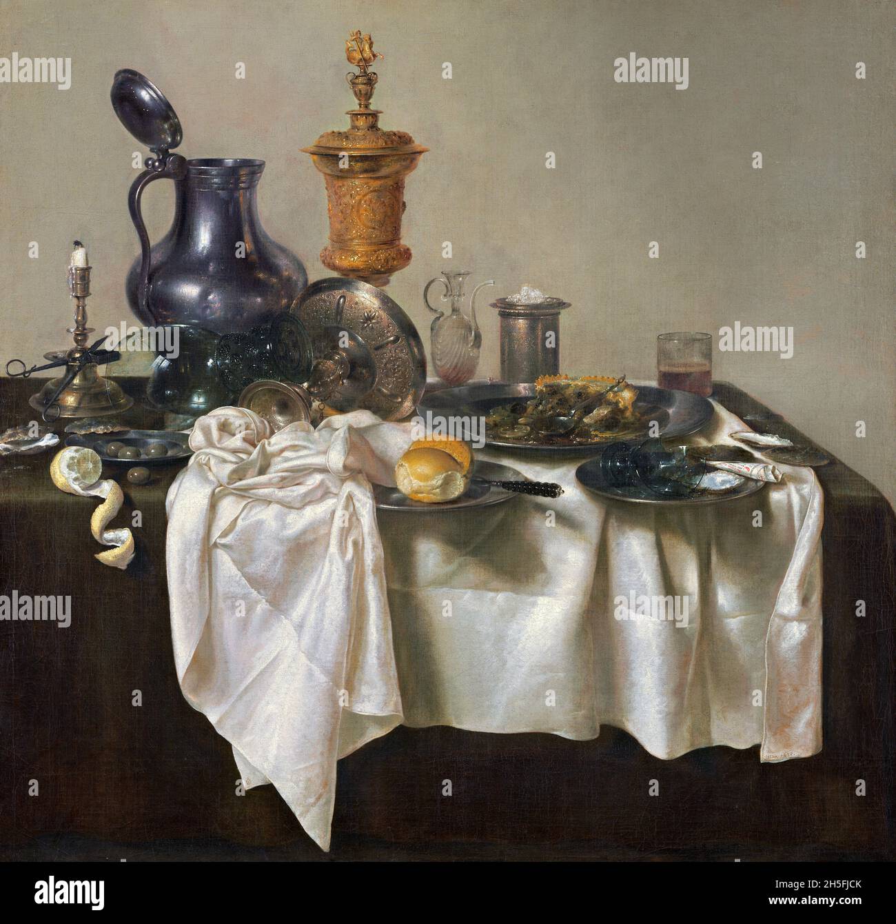 Willem Heda. Painting entitled “ Banquet Piece with Mince Pie” by the Dutch Golden Age painter, Willem Claeszoon Heda (1593/1594 - c. 1680/1682), oil on canvas, 1635 Stock Photo