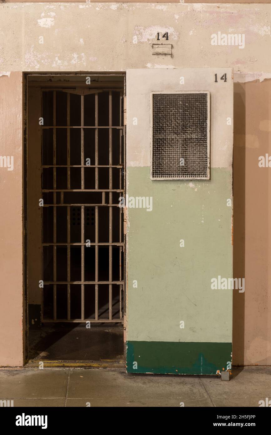 'D' Block 'dark cell' entrance at Alcatraz Prison, used for solitary confinement, known as the Special Treatment Unit (S.T.U.). Stock Photo