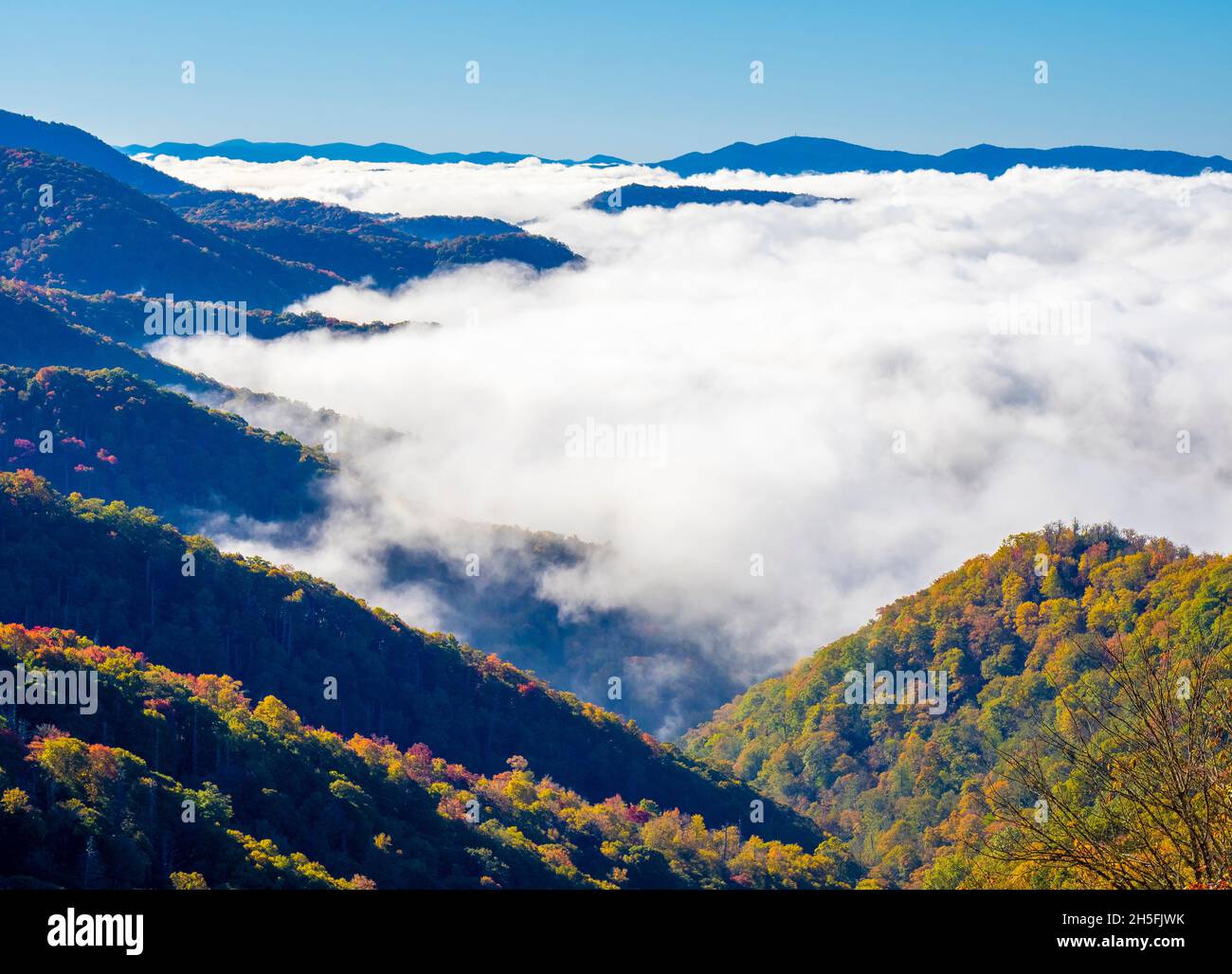 Clouds in the valley from Newfound Gap Road in the Great Smoky Mountains National Park in North Carolina Stock Photo