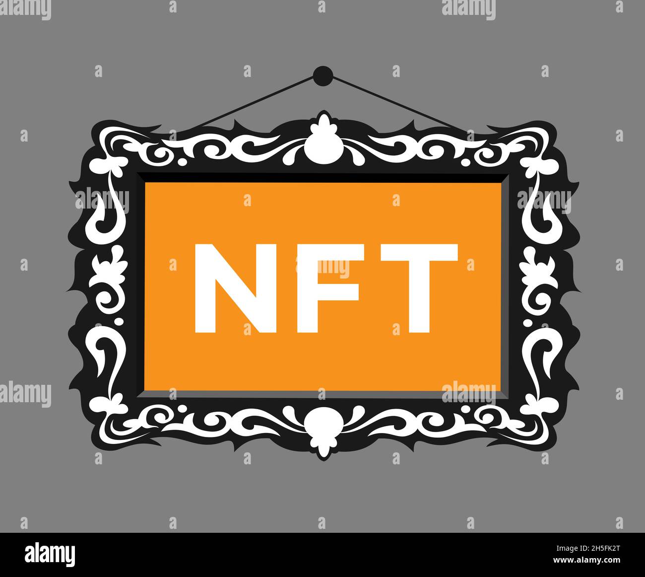 NFT - crypto art in the frame. Digital artwork as phyiscal painting and canvas. Vector illustration. Stock Photo