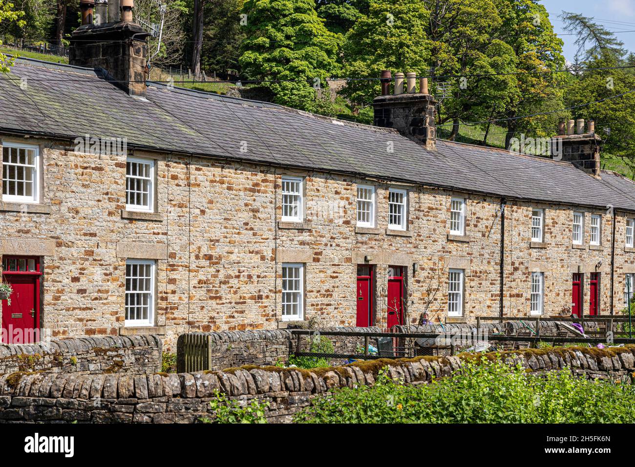 Old miners cottages in the former mining village of Allenheads in the Pennines to the north of Weardale, Northumberland UK Stock Photo