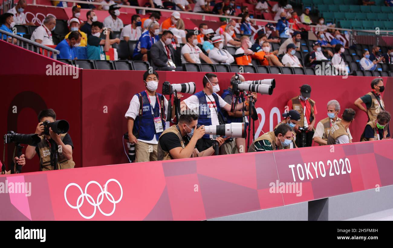 JULY 24th, 2021 - TOKYO, JAPAN: Official Photographers covering the Judo tournament at the Tokyo 2020 Olympic Games (Photo by Mickael Chavet/RX) Stock Photo