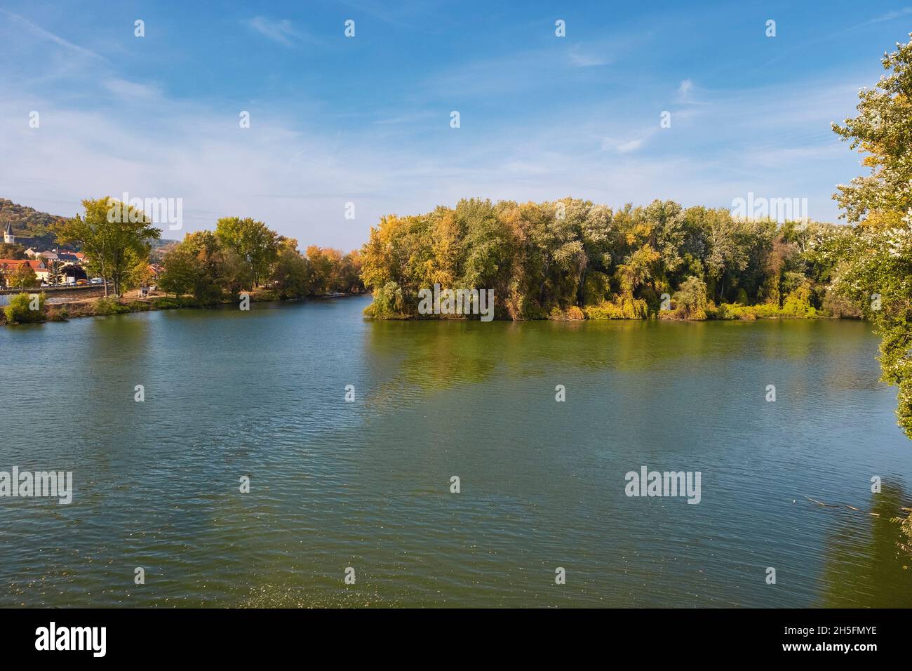 The point where river Tisza and river Bodrog meet, on a sunny autumn day. Tokaj, Hungary Stock Photo