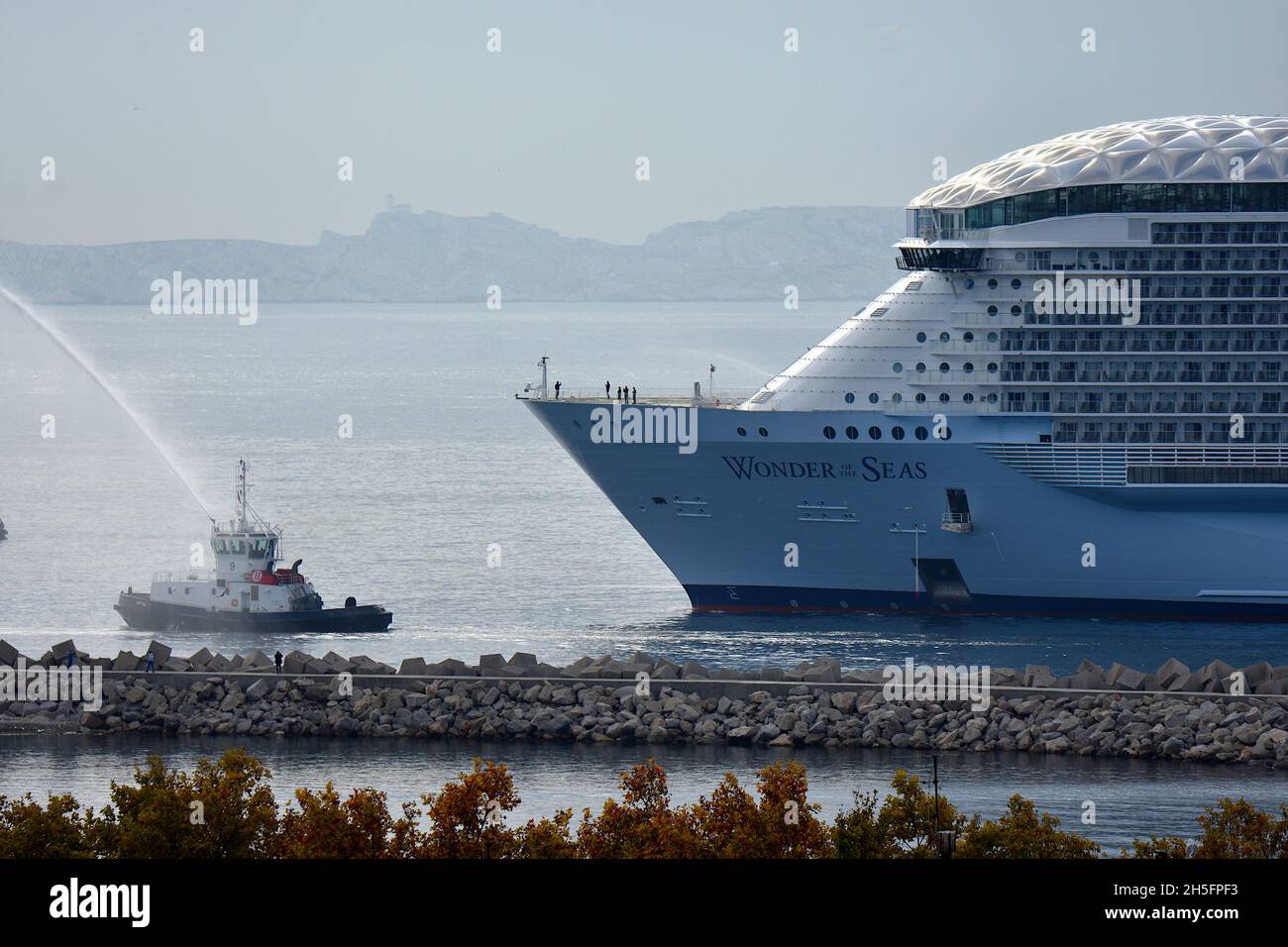 A view of the cruise ship “Wonder of the Seas” arriving in Marseille ...