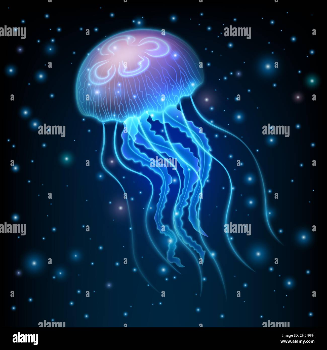 Realistic jellyfish blue lightening, poisonous jellyfish in dark deep water with glowing plankton, deep ocean creature, vector illustration Stock Vector