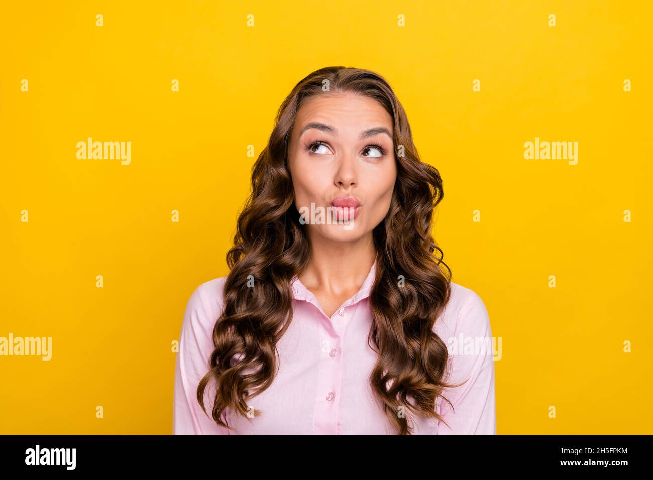 Photo of flirty millennial brunette lady blow kiss wear pink shirt ...