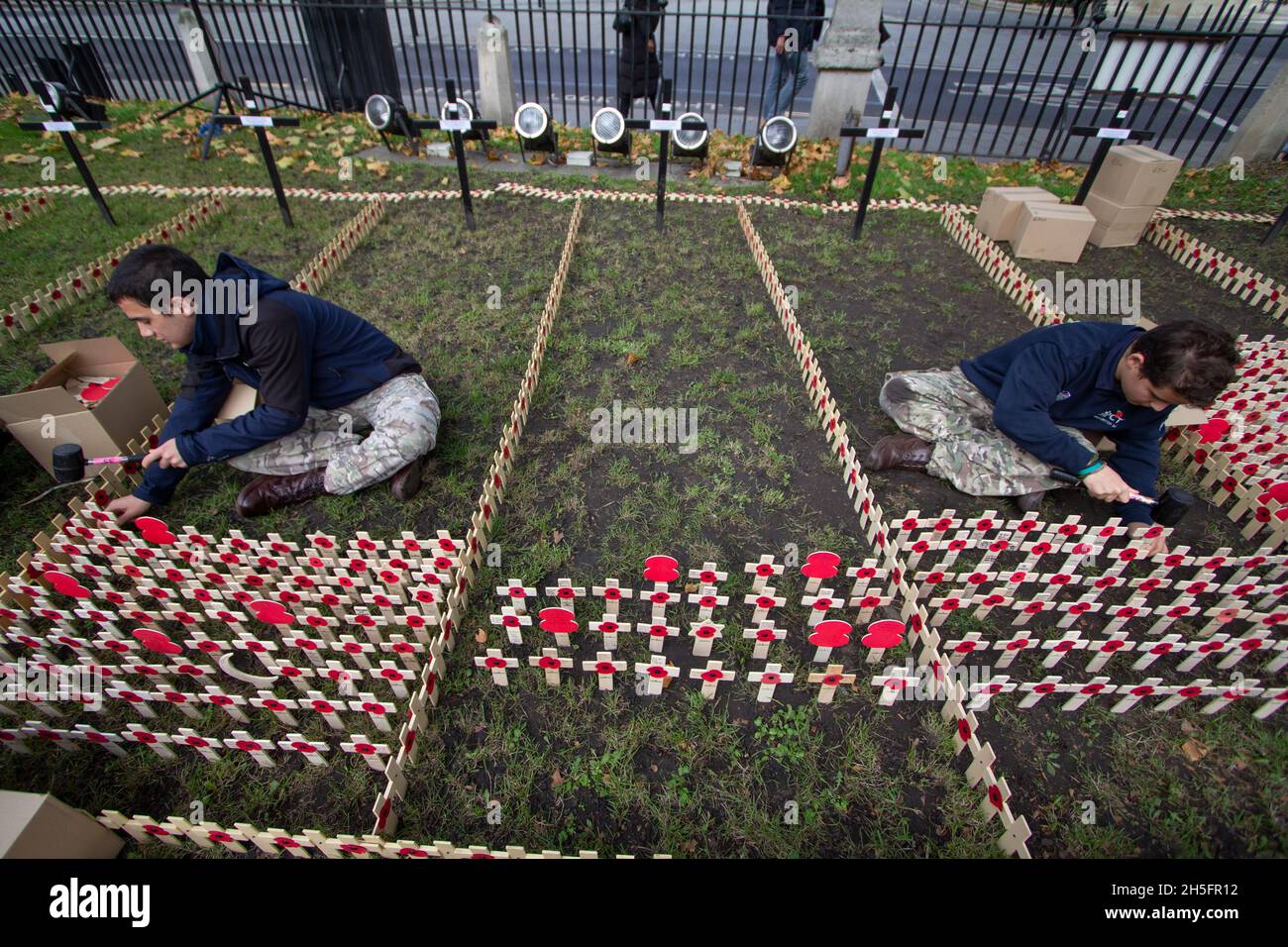 Volunteers plant crosses and poppies in Westminster Abbey Field of Remembrance, tributes carry personal messages Stock Photo