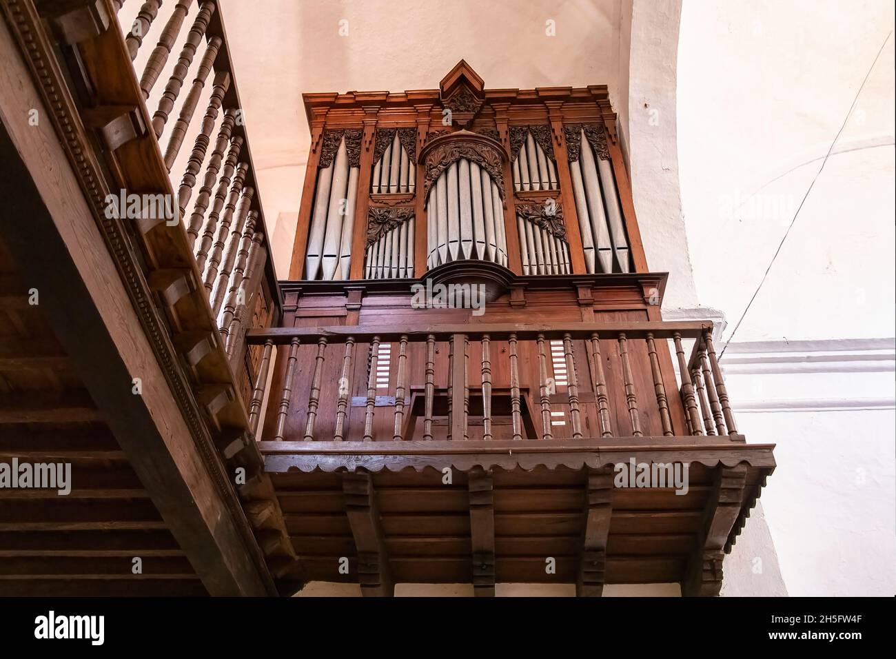 Huelva, Spain - November 5, 2021:  Pipe organ of The church of Santiago el Mayor, with Santiago Matamoros, in Castaño del Robledo, Sierra de Aracena, Stock Photo