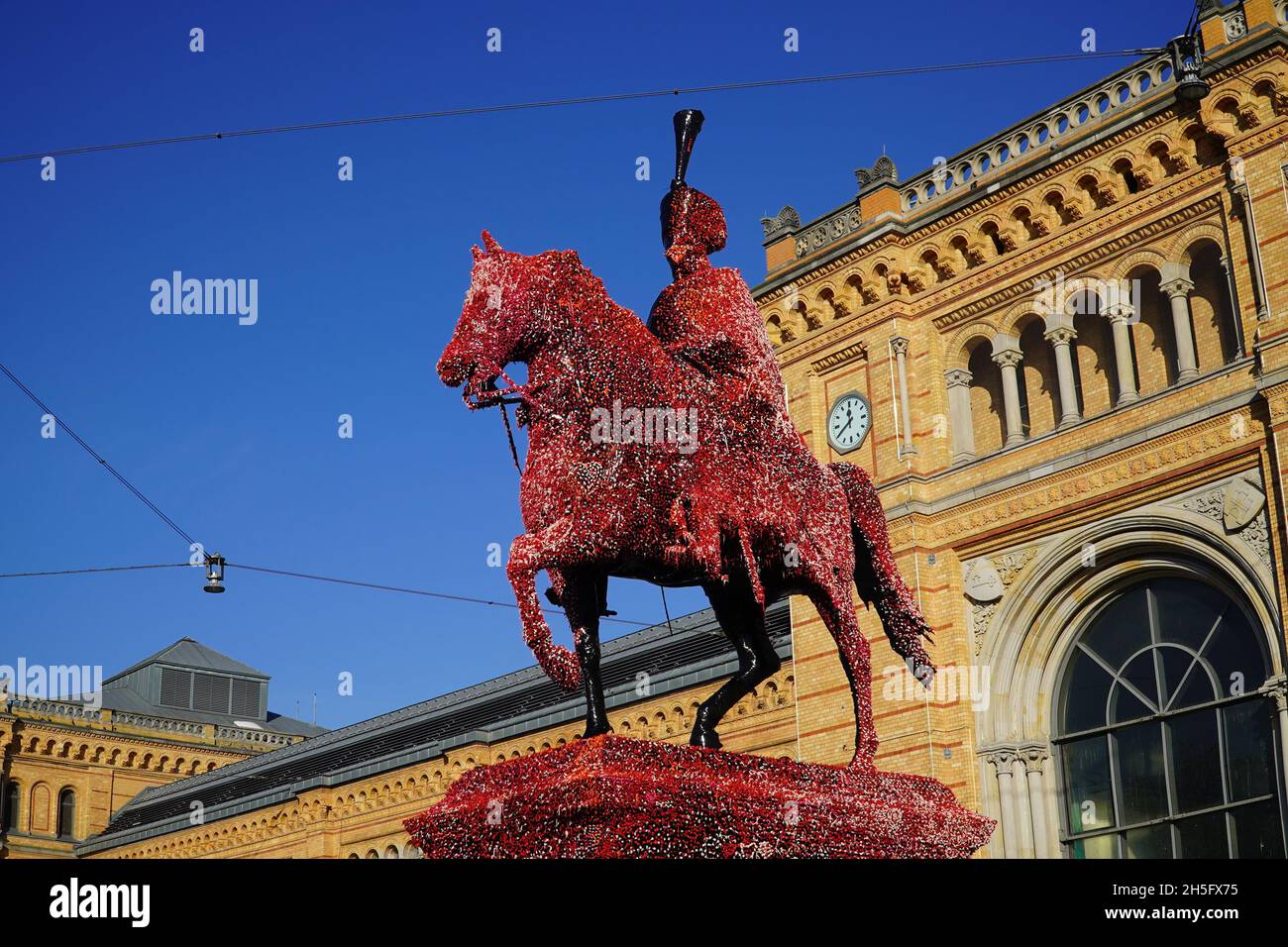 Equestrian statue of Ernest Augustus, King of Hanover. The monument was now wrapped in black foil and all citizens may decorate it with colorful dots. Stock Photo