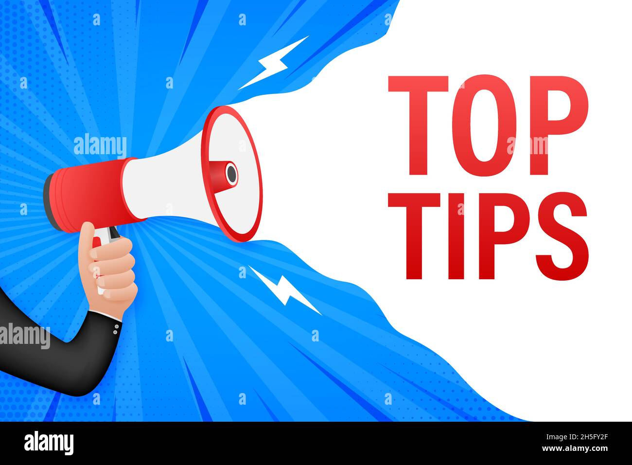 Hand holding megaphone - Top tips. Business concept Stock Vector